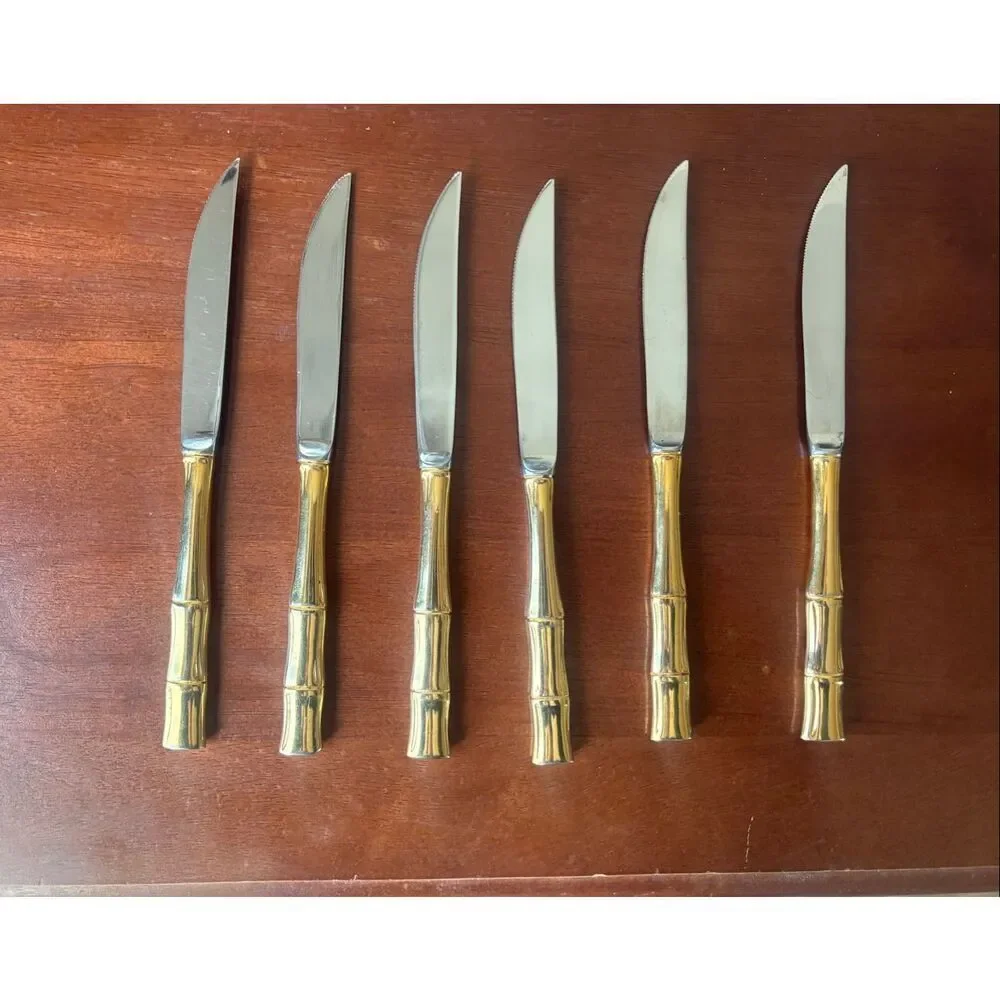 Towle Golden Bamboo Electroplated Steak Knives Set of 6 Stainless 8 1/2”
